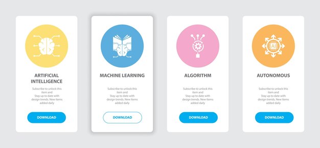 artificial intelligence 4 webpage banners concept template with artificial intelligence, machine learning, algorithm, autonomous icons. trendy web ui design concept