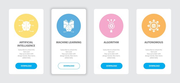 인공 지능 4 웹 페이지 배너 개념 템플릿에는 인공 지능, 기계 학습, 알고리즘, 자율 아이콘이 있습니다. 트렌디한 웹 Ui 디자인 컨셉