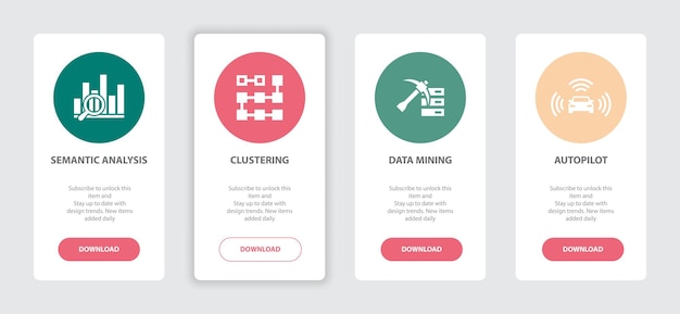 Искусственный интеллект 4 шаблон концепции баннеров веб-страницы с семантическим анализом, кластеризацией, интеллектуальным анализом данных, иконками автопилота. модная концепция веб-дизайна пользовательского интерфейса