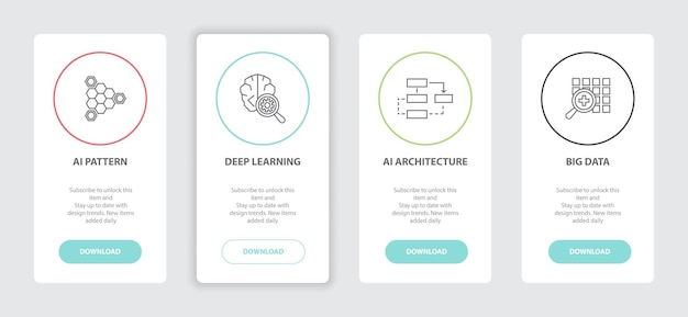 artificial intelligence 4 webpage banners line concept template with ai pattern, deep learning, ai architecture, big data icons. modern web ui design concept