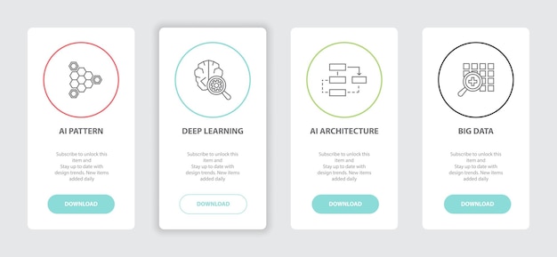 Artificial Intelligence 4 webpage banners line concept template with AI Pattern, Deep learning, AI Architecture, Big data icons. Modern web UI design concept