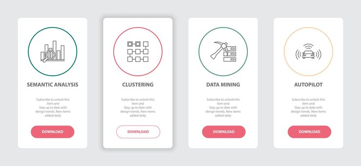 Vector artificial intelligence 4 webpage banners line concept template with semantic analysis, clustering, data mining, autopilot icons. modern web ui design concept