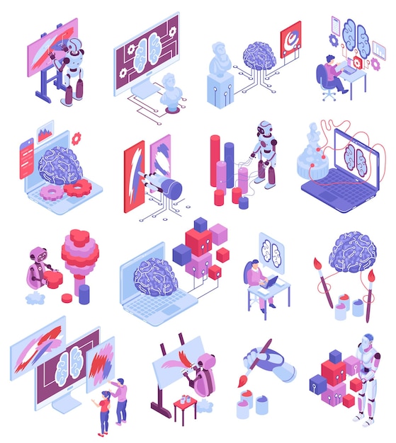 Artificial intelligence art isometric set