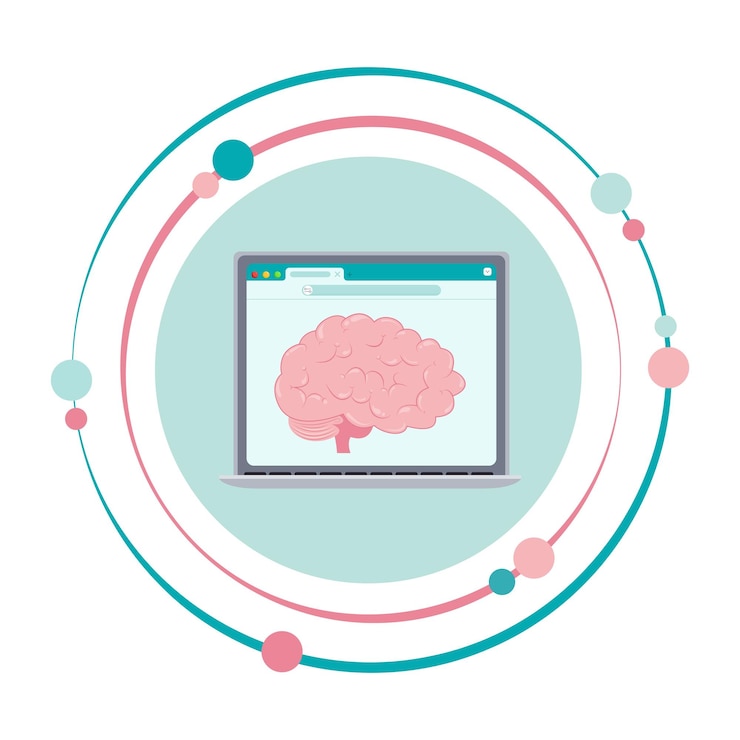 Vector artificial intelligence brain displayed on a computer laptop screen icon