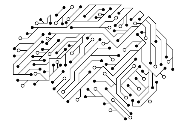 보드 회로가 있는 인공 지능 뇌 그림 회로 기판 인간 두뇌 회로 보드 벡터 그림