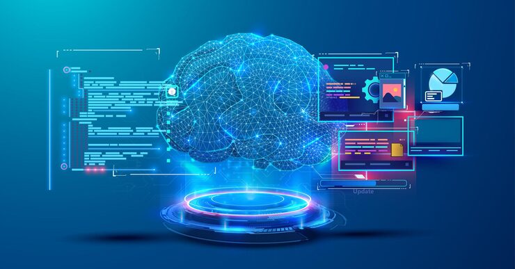 Vector artificial intelligence brain with data visualization and interface elements glowing neon design showcases advanced technology coding and data visualization making it perfect for ai