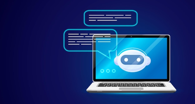 Вектор Технология чат-бота искусственного интеллекта цифровое лицо робота на экране ноутбука поддержка клиентов gpt онлайн-сервис интернет-коммуникация чат-бот виртуальное современное приложение векторная иллюстрация