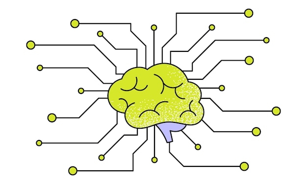 인공지능  프로세서 플래트 터 일러스트레이션 세트 AI 뇌와 마이크로 회로 라인