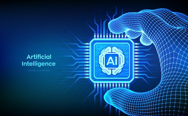 Artificial Intelligence chip with AI digital brain circuit board icon in wireframe hand Artificial intelligence integrated into a microprocessor AI processor technology concept Vector illustration
