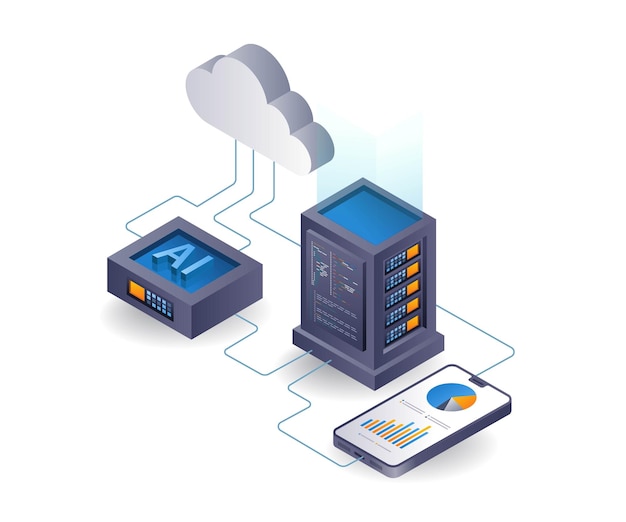 Vector artificial intelligence cloud server smartphone analysis flat isometric 3d illustration