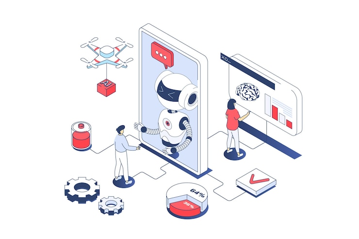 Vector artificial intelligence concept in 3d isometric design engineers working with ai robots machine learning and programming digital brain vector illustration with isometry people scene for web graphic