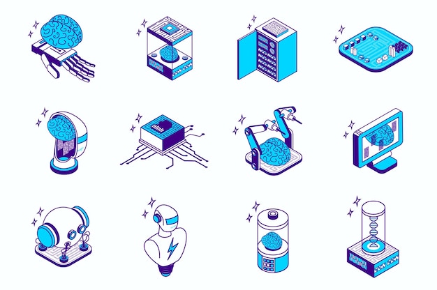 Концепция искусственного интеллекта 3D-изометрические иконы набор для веб-изометрии дизайн Коллекция элементов умного робота мозгов интеллект инженерии ai чип машинного обучения больше Векторная иллюстрация