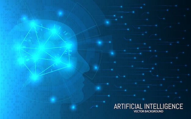 Artificial intelligence concept. Abstract futuristic background. Big data . Head with connections on a binary backdrop. Digital brain technology.  illustration.