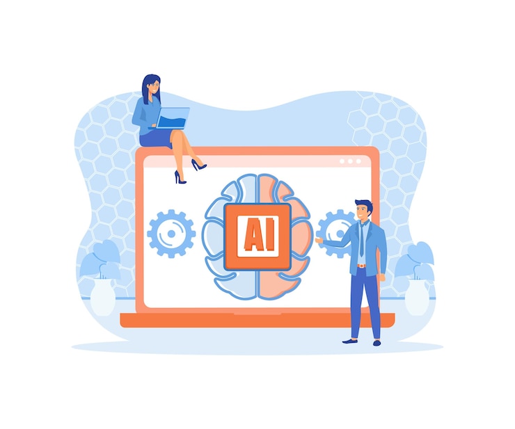 Vector artificial intelligence concept digital brain with neural network on laptop screen ai machine learning analysis information flat vector modern illustration