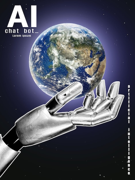 人工知能コンセプトのフライヤー 半音効果のロボットの手が地球を握っています