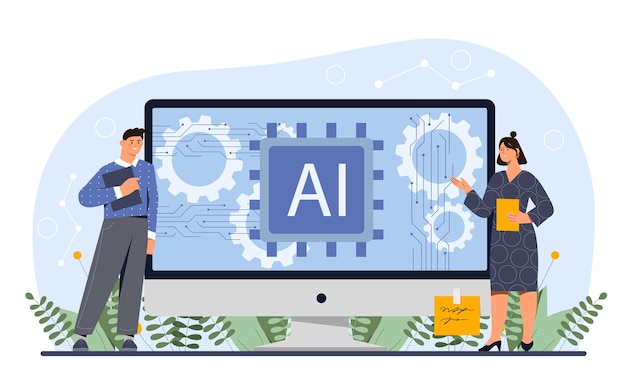 Artificial intelligence concept modern technologies and innovations man and woman with ai and machine learning people near computer monitor cartoon flat vector illustration