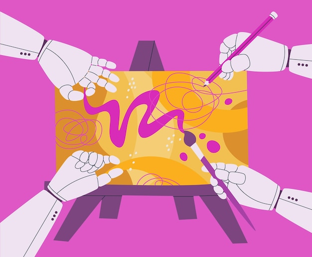 Vector artificial intelligence creates a picture based on a given request robot hands draw with a brush and pencil on the canvas ai concept vector illustration