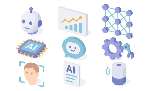 Artificial intelligence and data analytics icons including robot head chart neural network AI chip chatbot gear face recognition AI document and database 3D isometric icon