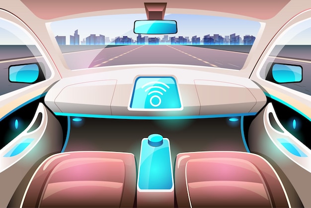 Artificial intelligence driverless safety system with hud interface in cockpit of autonomous car vehicle interior driverless car driver assistance system acc adaptive cruise control