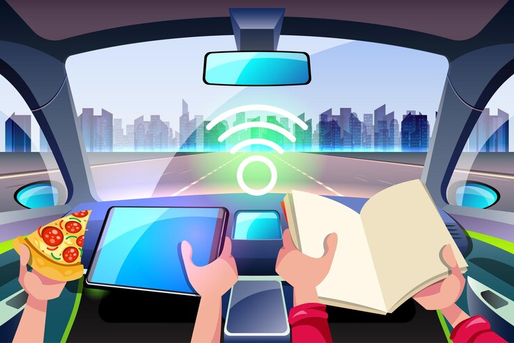 Vector artificial intelligence driverless safety system with hud interface in cockpit of autonomous car vehicle interior driverless car driver assistance system acc adaptive cruise control