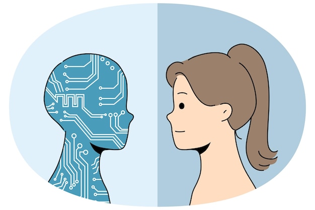 Artificial intelligence in form of silhouette in colors of computer board near woman