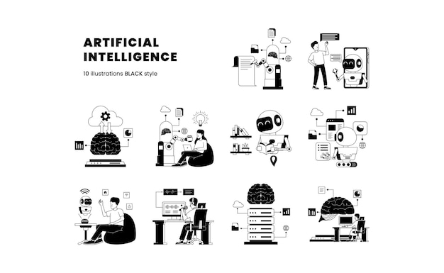 La tecnologia futura dell'intelligenza artificiale con il calcolo dell'apprendimento automatico dei robot per aiutare l'illustrazione dell'attività umana impostata con lo stile di colore nero per la pagina web dell'interfaccia utente