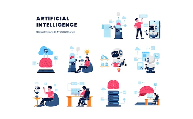 Artificial Intelligence future technology with robot machine learning computation to help human task illustration with flat color style set for ui webpage