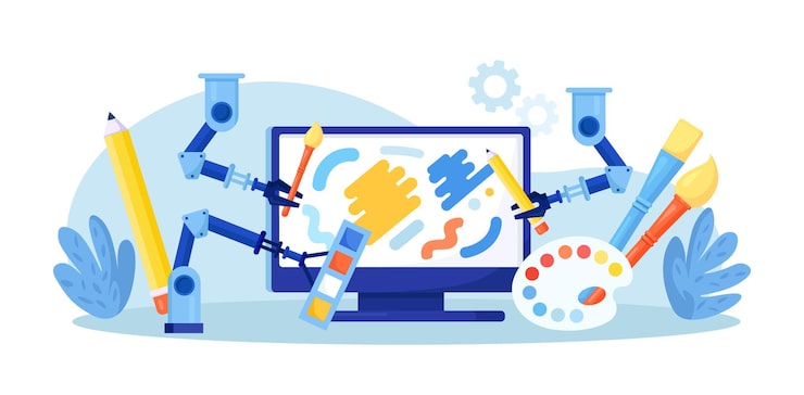 Vector 인공지능이 놀라운 예술작품을 만들고, ai 기술을 가진 로이 컴퓨터에서 예술을 만들며, 로 팔이 컴퓨터 알고리즘에 의해 제어되는 그림을 만니다.