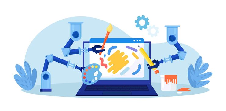 Vector 인공지능이 놀라운 예술작품을 만들고, ai 기술을 가진 로이 컴퓨터에서 예술을 만들며, 로 팔이 컴퓨터 알고리즘에 의해 제어되는 그림을 만니다.