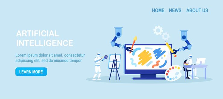 Vector 人工智能创造了令人惊叹的艺术作品 机器人使用人工智能技术在计算机上创造艺术 机器人手臂创造了由计算机算法控制的绘画艺术