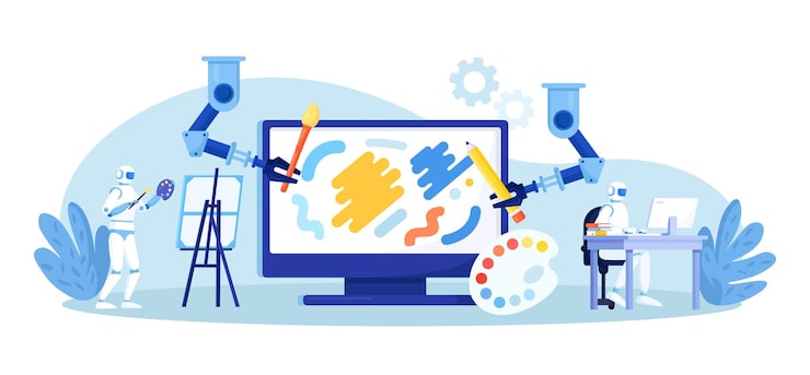 Vector 인공지능이 놀라운 예술작품을 만들고, ai 기술을 가진 로이 컴퓨터에서 예술을 만들며, 로 팔이 컴퓨터 알고리즘에 의해 제어되는 그림을 만니다.