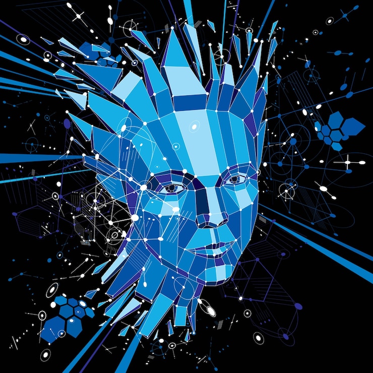 Vector artificial intelligence head, low poly style 3d vector wireframe shattered object. modernistic background can be used in projects on subject of human intelligence and imagination.