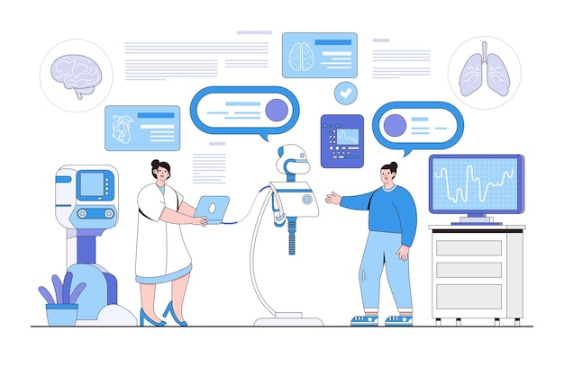 Vettore intelligenza artificiale nel concetto di assistenza sanitaria con persona che interagisce con dispositivi aipowered e riceve diagnosi