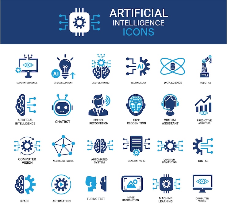 Artificial intelligence icon set Containing machine learning data science AI virtual assistant