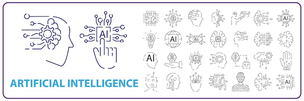 Artificial intelligence icon set in line style machine learning smart robotic and cloud computing network digital AI technology internet solving algorithm vector illustration