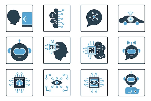 Set di icone di intelligenza artificiale robot testa robot braccio computer visione big data e altro ancora