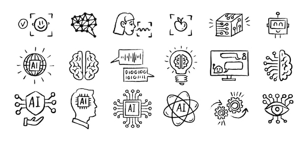 Artificial intelligence icons grunge chalk hand drawn doodle brush set outline ai drawing crayon