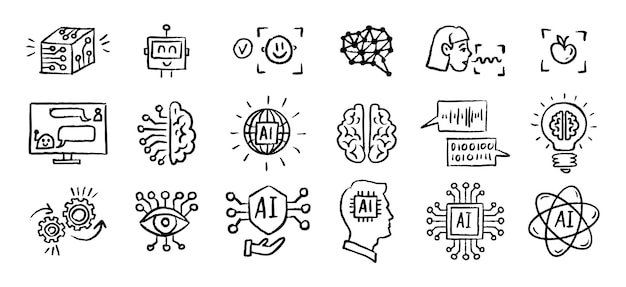 Artificial intelligence icons grunge chalk hand drawn doodle brush set outline ai drawing crayon