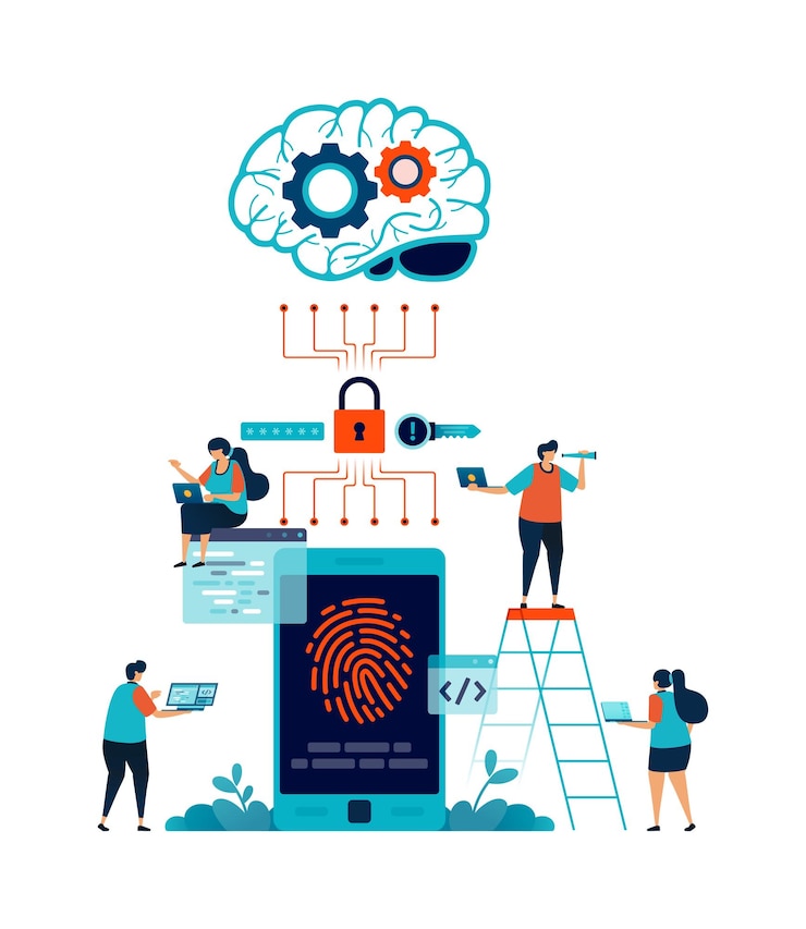 Artificial intelligence illustration of protection authentication of mobile phone access with connected fingerprints with added security by AI Can be used for mobile app website web flyer poster ad