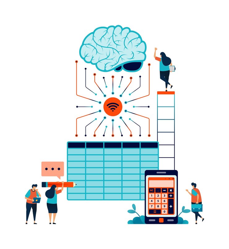 Vector artificial intelligence illustration of solving accounting tax and spreadsheet problems using ai technology connected to online data network can be used for mobile app website web flyer poster ad