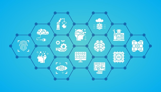 Modello di illustrazione dell'intelligenza artificiale banner di progettazione di big data del database di chatbot di robotica