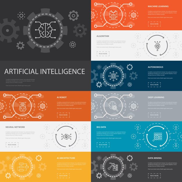 Artificial intelligence infographic 10 line icons banners machine learning algorithm deep learning neural network simple icons