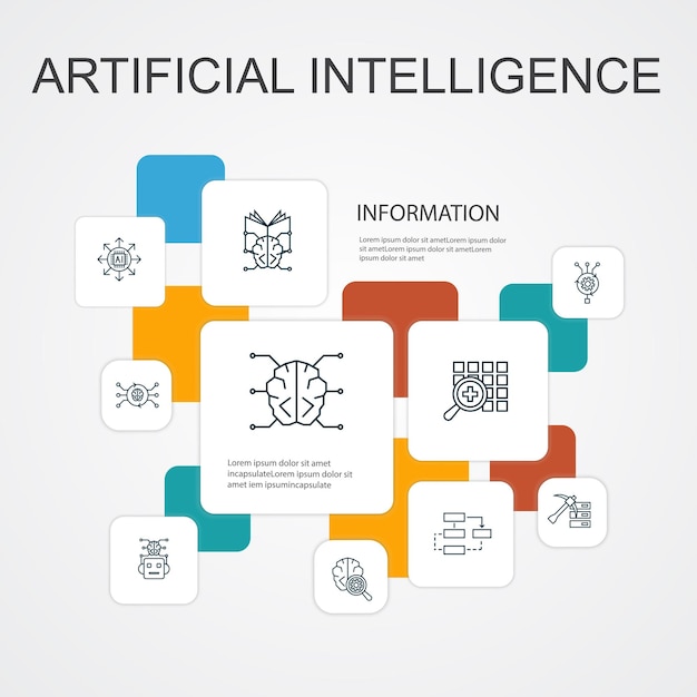 Vector artificial intelligence infographic 10 line icons template machine learning algorithm deep learning neural network simple icons