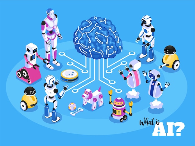 Изометрическая композиция искусственного интеллекта с моделью мозга в окружении роботов-помощников и домашних животных