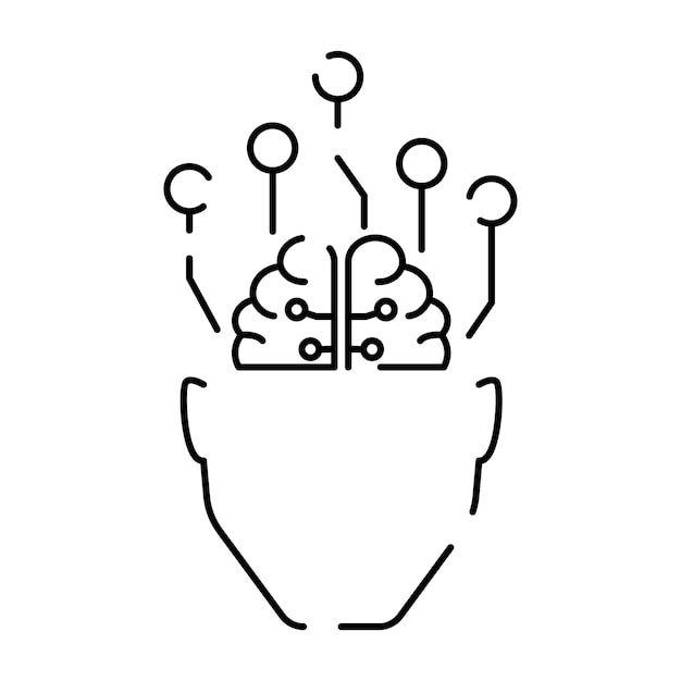 Icona della linea di intelligenza artificiale brain robot ai head technology riconoscimento facciale algoritmo autoapprendimento deep learning digital cyber umanoide e chat