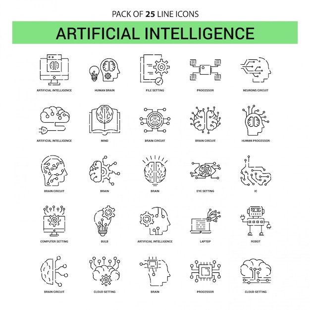 Set di icone di linea di intelligenza artificiale - 25 stile contorno tratteggiato