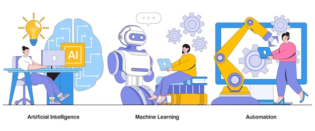 Artificial intelligence machine learning automation concept with character smart technology abstract vector illustration set efficiency innovation intelligence metaphor