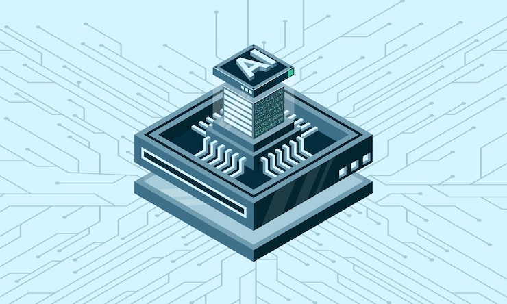 Vector artificial intelligence micro chip illustration quantum computing artificial intelligence computer isometric machine programming vector illustration