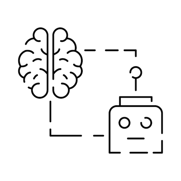 人工知能関連のベクター線アイコンには、顔認識アルゴリズム、自己学習、深層学習、デジタル脳、サイバー ヒューマノイド、チャットなどのアイコンが含まれています