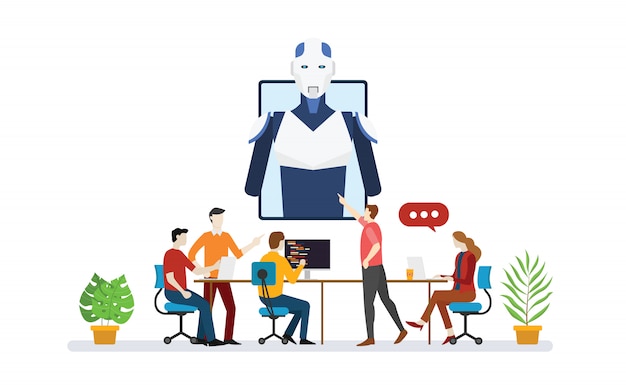 Artificial intelligence robot team developer programmer with script technology discussion with modern flat style - vector